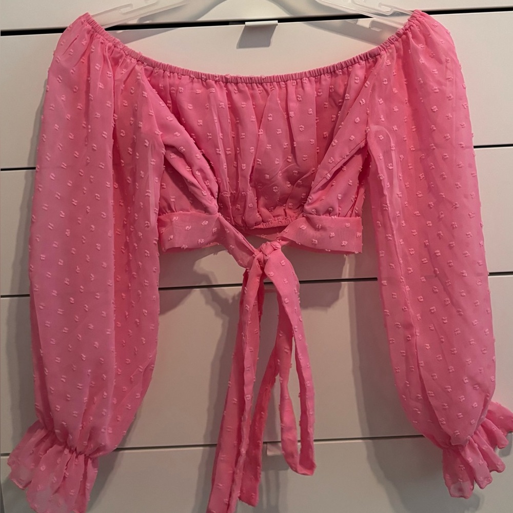 SHEIN Privé Pink Swiss Dot Off-the-Shoulder Crop Top - Size Small - Picture 3 of 4